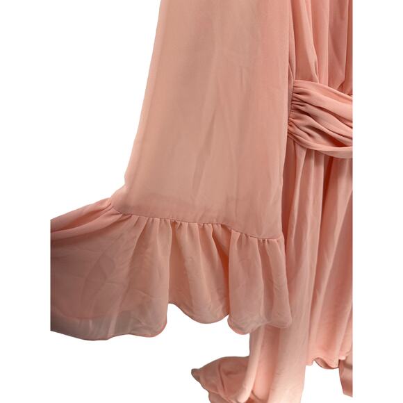 Solid Peach Sheer Long Sleeve V-Neck Pleated Maxi Dress Women's Size Medium - Picture 4 of 7